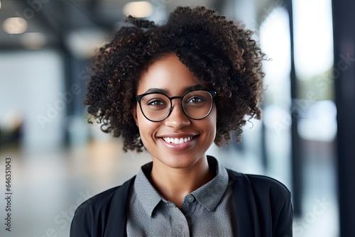 Close-up of happy businesswoman looking at camera and smiling in office African American female entrepreneur in office, business woman,Generated with AI