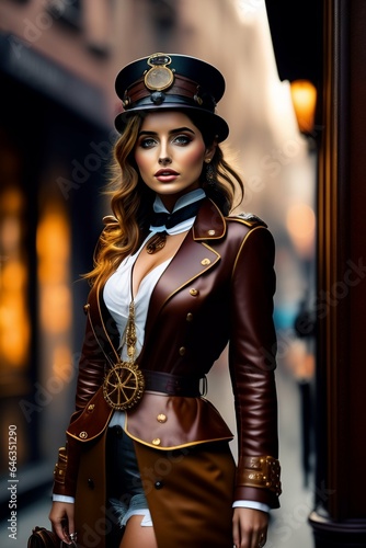  PORTRAIT Cute steampunk ana de armas wearing a stylish steampunk outfit in a steampunk street, cinematic