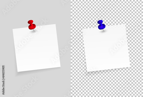 Realistic blank sheet of paper in with red push pins on transparent background. Notebook page, document. Design templates or mockups. Vector illustration.2 set