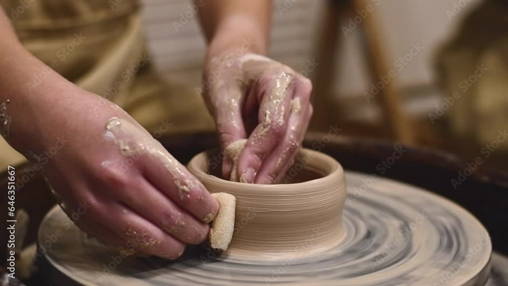 Potter girl works on potter's wheel, making ceramic pot out of clay in pottery workshop. Art and hobby concept. slow motion Potter girl works on potter's wheel, making ceramic pot out of clay in pottery workshop. Art and hobby concept. slow motion