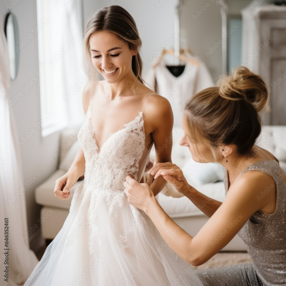 woman having wedding dress fitted.