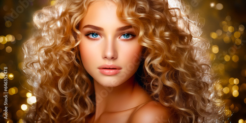 Wallpaper Mural beauty blond young woman with curly hair on golden glitter background. hairstyle concept. free space Torontodigital.ca