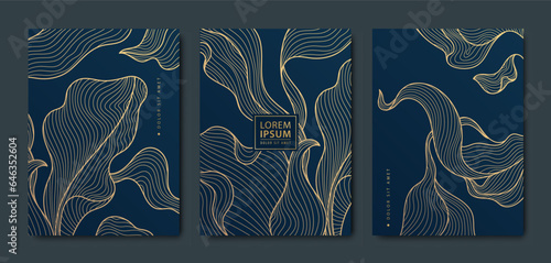 Vector japanese leaves art, algae deco patterns. Floral golden elements template in vintage style. Luxury black line covers, flyers, brochures, packaging design, social media post, banners.