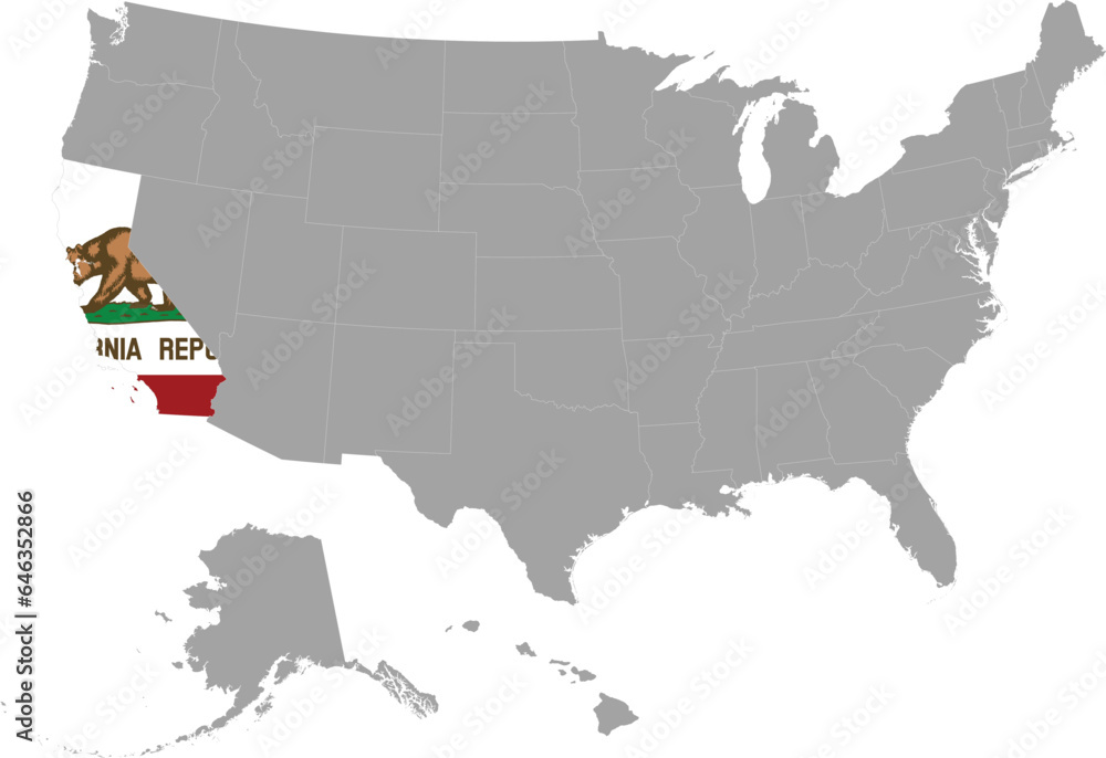 Map of US federal state of California with state flag within gray map of United States of America
