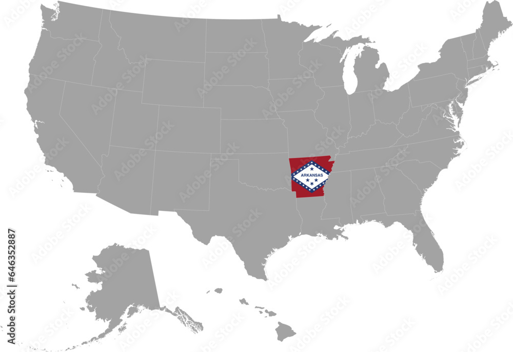 Map of US federal state of Arkansas with state flag within gray map of United States of America