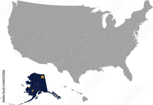 Map of US federal state of Alaska with state flag within gray map of United States of America