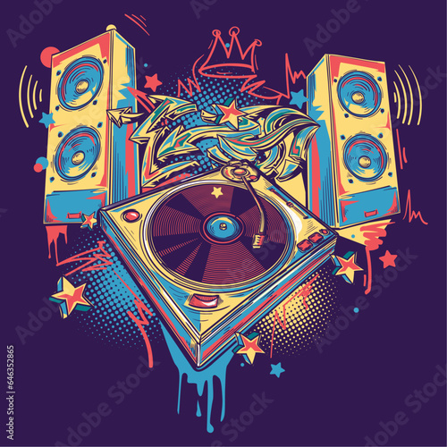 Musical turntable and speakers with graffiti arrows, colorful funky music design