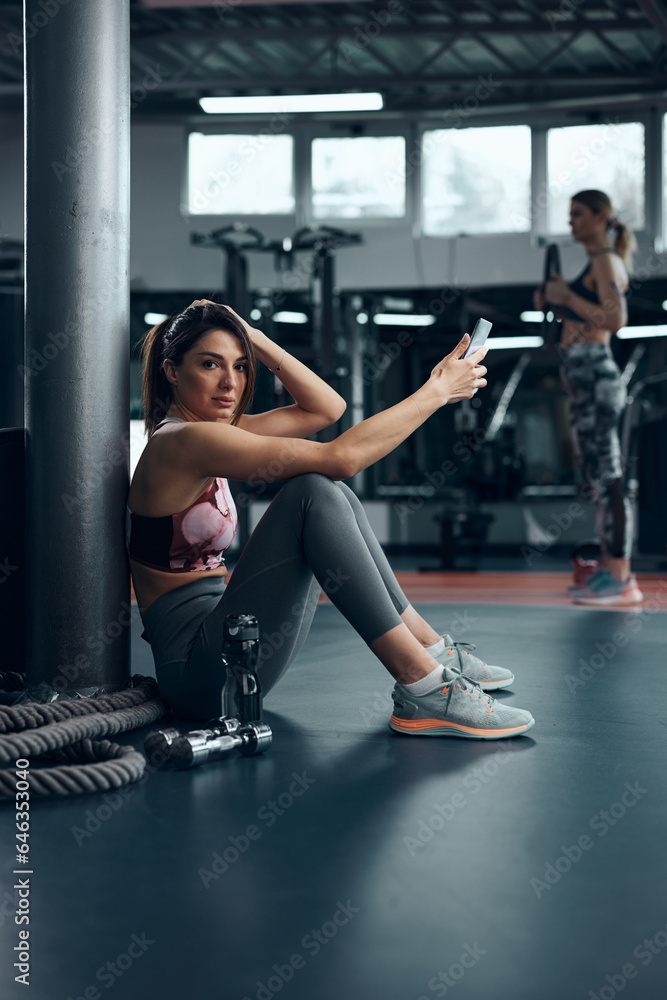 Sporty lady making pause in a gym after exercise. Sporty lady making pause in a gym after exercise.