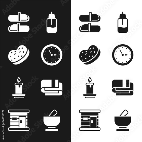 Set Sauna clock, Bath sponge, slippers, Essential oil bottle, Aroma candle, Towel stack, Mortar pestle and wooden bathhouse icon. Vector