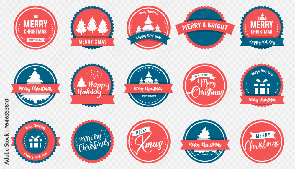 Merry Christmas badge label set. Blue and red badges for Merry Christmas. Decorative badges for greetings cards. Merry Christmas ornate labels and badges