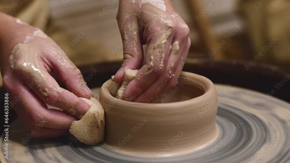 Potter girl works on potter's wheel, making ceramic pot out of clay in pottery workshop. Art and hobby concept. slow motion Potter girl works on potter's wheel, making ceramic pot out of clay in pottery workshop. Art and hobby concept. slow motion