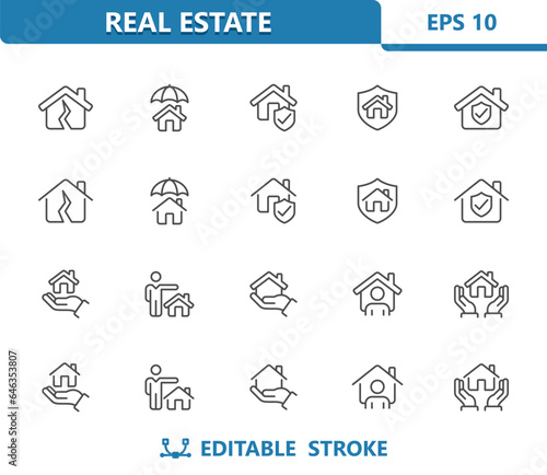 Home Insurance Icons. House, Security, Real Estate Vector Icon Set