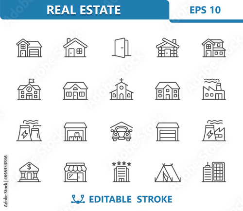 Buildings Icons. House, Home, Cabin, Factory, Garage, Warehouse, Shop, Hotel Vector Icon Set