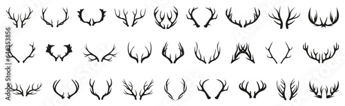 Deer horns icon set. Animal horn silhouette. Deer horn logo for wildlife, hunting. Horn shapes collection