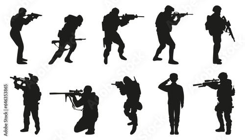 Soldier and army force silhouette collection for Veterans Day. Set of army soldier icons. Black soldiers silhouette isolated
