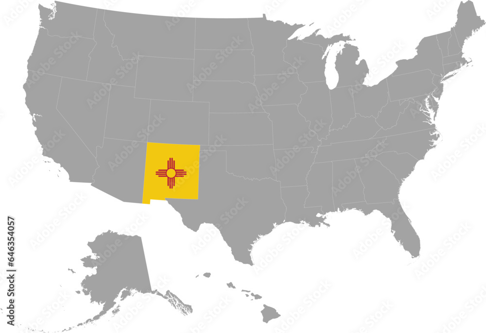 Map of US federal state of New Mexico with state flag within gray map of United States of America