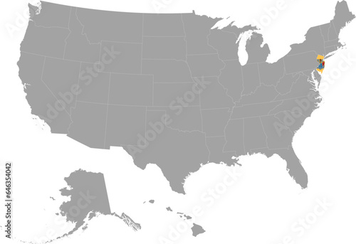 Map of US federal state of New Jersey with state flag within gray map of United States of America