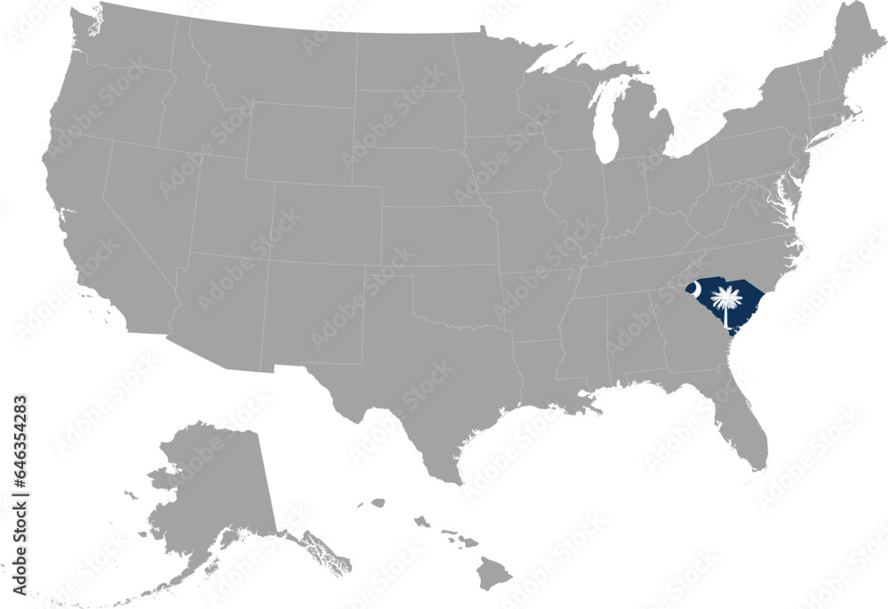 Obraz premium Map of US federal state of South Carolina with state flag within gray map of United States of America