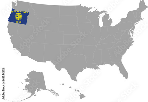 Map of US federal state of Oregon with state flag within gray map of United States of America