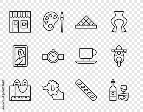 Set line French baguette bread, Wine bottle with cheese, Louvre museum, Poodle dog, Coffee shop, Wrist watch, and Scooter icon. Vector
