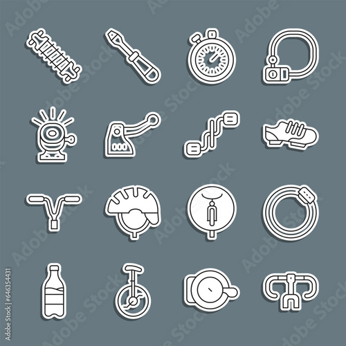 Set line Bicycle handlebar, brake disc, shoes, Stopwatch, bell, suspension and pedals icon. Vector