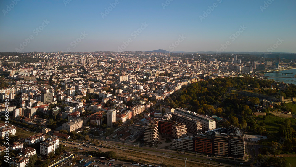 Aerial view of Belgrade rivers and cityscape, Serbia.