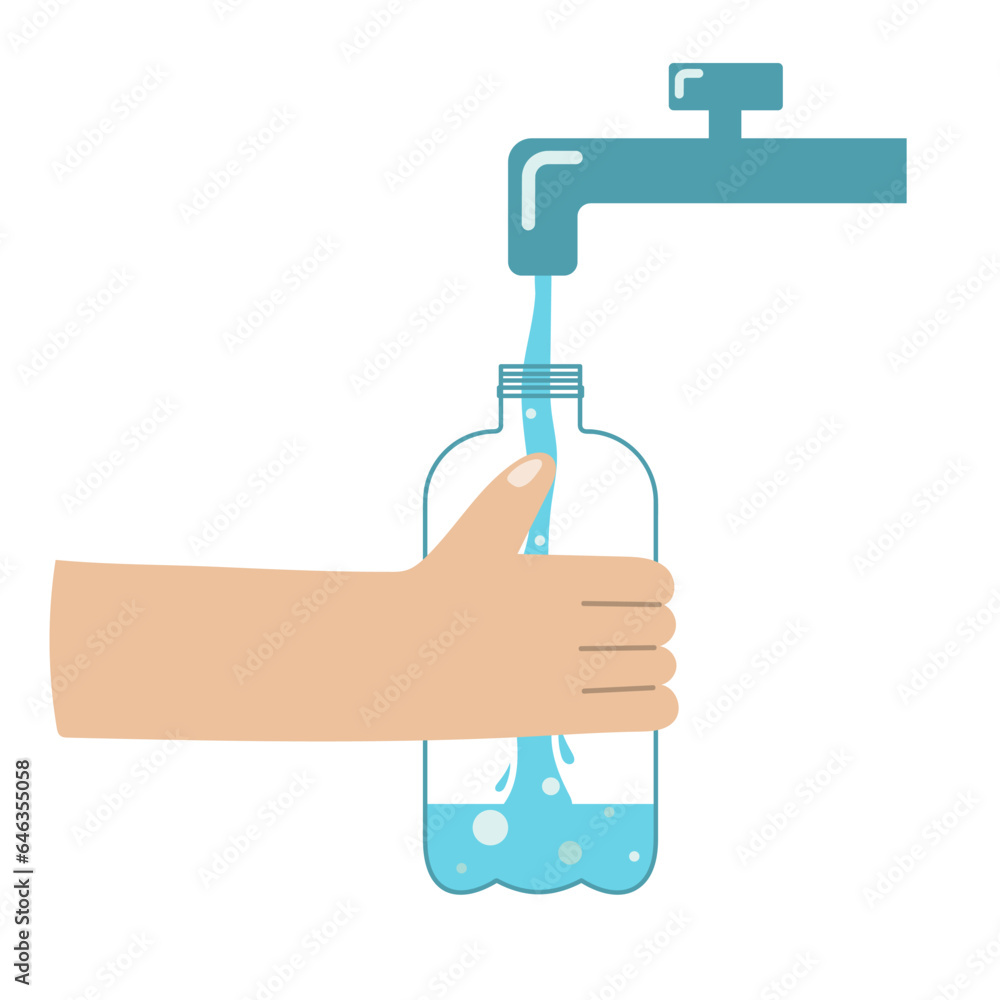 Human hand with plastic bottle which collects tap water. Clean water Human hand with plastic bottle which collects tap water. Clean water