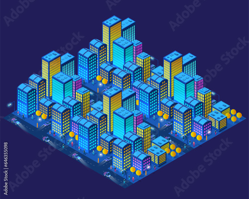 Vector 3d Illustration of a city at night, neon cityscape background