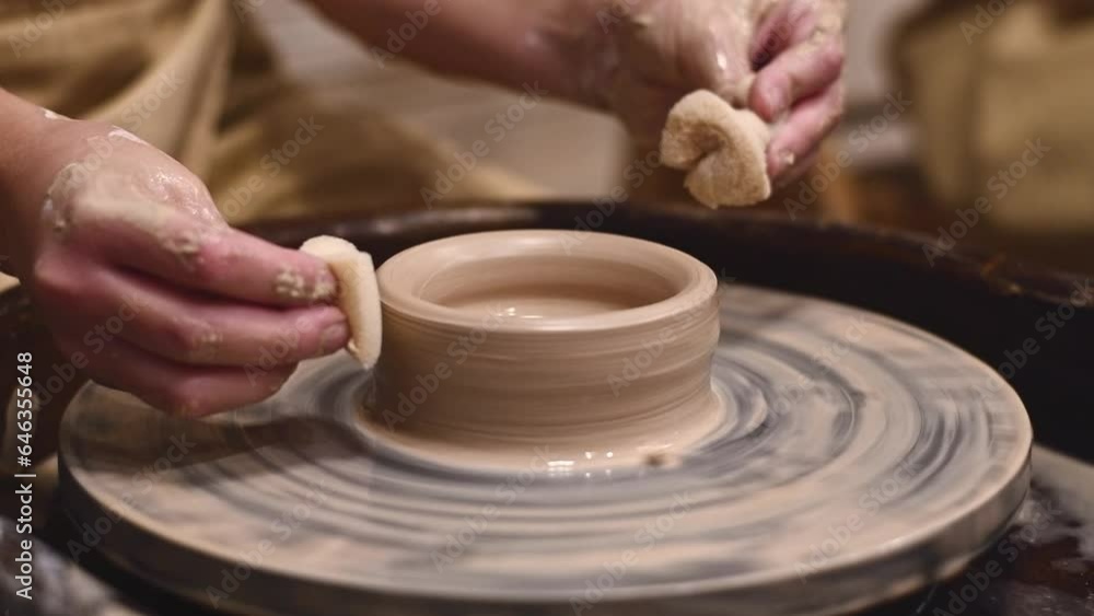 Potter girl works on potter's wheel, making ceramic pot out of clay in pottery workshop. Art and hobby concept. slow motion Potter girl works on potter's wheel, making ceramic pot out of clay in pottery workshop. Art and hobby concept. slow motion