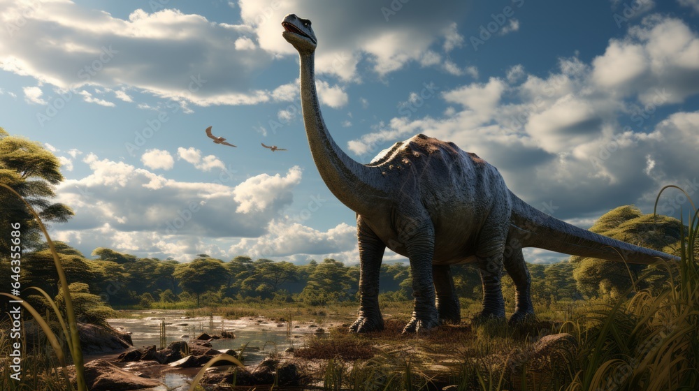 Obraz premium Big prehistoric Dinosaur standing in the jungle, 3D render. Concept art of a Brontosaurus dinosaurwalking in a forest, on a bright day. Tall ancient monster in the woods. Diplodocus realistic render.
