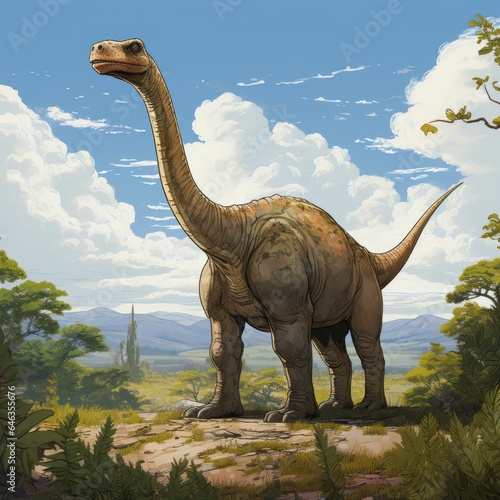 Big prehistoric Dinosaur standing in the jungle. Concept art of a Brontosaurus dinosaur walking in a forest  on a bright day. Tall ancient monster in the woods. Diplodocus realistic illustration.