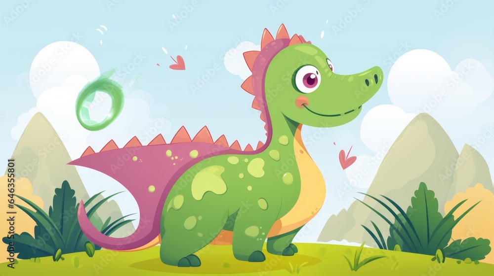 Cartoon big Brontosaurus dinosaur in a jungle, illustration for children. Vector illustration of a Cartoon happy dinosaur standing in the jungle. Smiling colorful dinosaur with spikes, childish art. Cartoon big Brontosaurus dinosaur in a jungle, illustration for children. Vector illustration of a Cartoon happy dinosaur standing in the jungle. Smiling colorful dinosaur with spikes, childish art.
