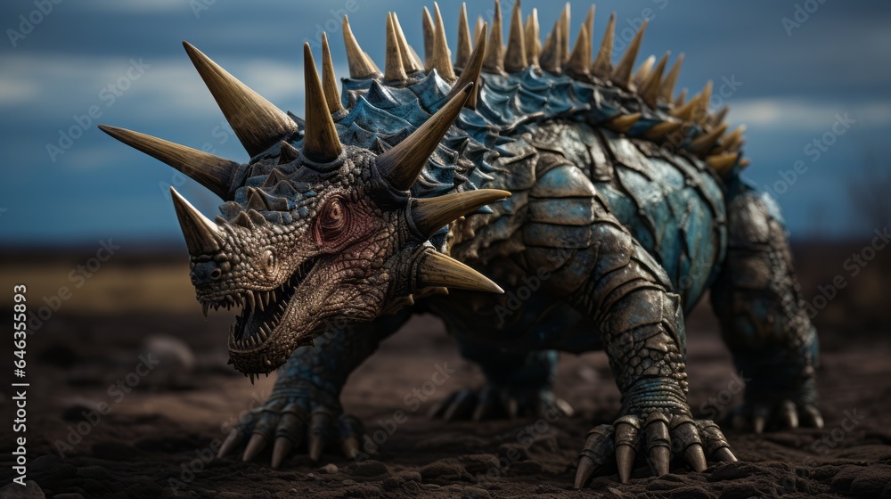 Prehistoric Dinosaur with horns and scales walking through the fauna. Concept art of an ancient reptile walking in the forest. Sauropelta feeding in the woods. 3D render of an angry euoplocephalus. Prehistoric Dinosaur with horns and scales walking through the fauna. Concept art of an ancient reptile walking in the forest. Sauropelta feeding in the woods. 3D render of an angry euoplocephalus.