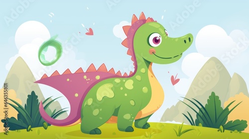 Cartoon big Brontosaurus dinosaur in a jungle  illustration for children. Vector illustration of a Cartoon happy dinosaur standing in the jungle. Smiling colorful dinosaur with spikes  childish art.