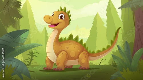 Cartoon big Brontosaurus dinosaur in a jungle, illustration for children. Vector illustration of a Cartoon happy dinosaur standing in the jungle. Smiling colorful dinosaur with spikes, childish art. © Valua Vitaly