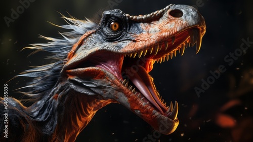 Velociraptor portrait closeup, standing in the woods. Hunting angry dinosaur with a growl and sharp teeth. Concept of a mad ancient scary reptile. furious dinosaur. Ai generated. © Valua Vitaly