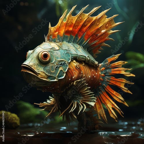 Prehistoric Dinosaur fish swimming in the ocean. Concept art of an ancient underwater animal swimming in the sea. Creepy ancient sea monster in the water. Scary fish realistic illustration.