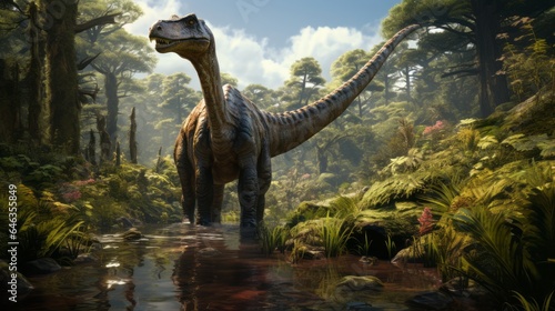 Big prehistoric Dinosaur standing in the jungle, 3D render. Concept art of a Brontosaurus dinosaurwalking in a forest, on a bright day. Tall ancient monster in the woods. Diplodocus realistic render. © Valua Vitaly