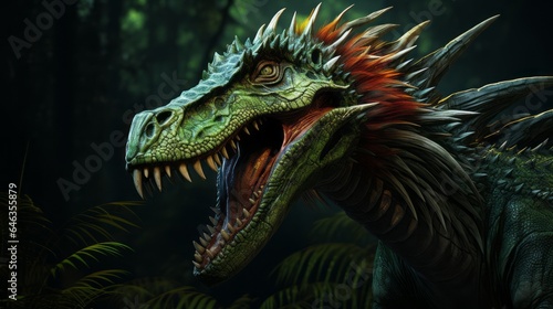 Velociraptor portrait closeup. Hunting angry dinosaur with a growl and sharp teeth. Concept of a mad ancient scary reptile. furious dinosaur.