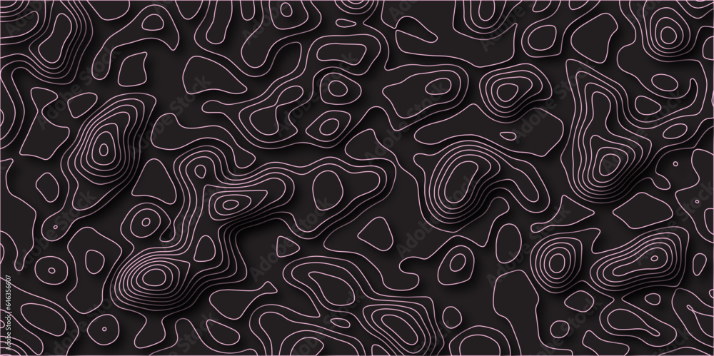 Abstract white on black background Topographic line map pattern. Contour elevation topographic and textured Background Modern design with pink colorful background with topographic wavy patte.