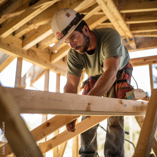 carpenter putting up joist in home construction.