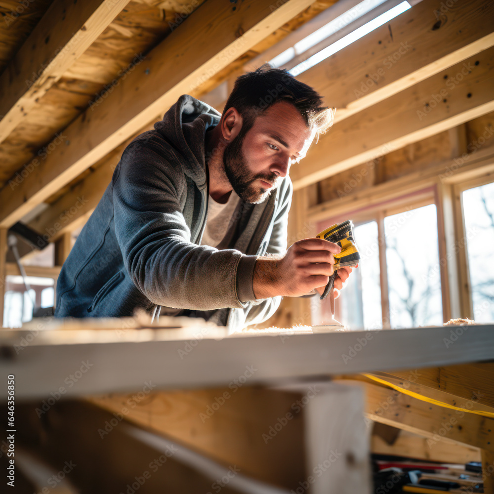 carpenter putting up joist in home construction. carpenter putting up joist in home construction.