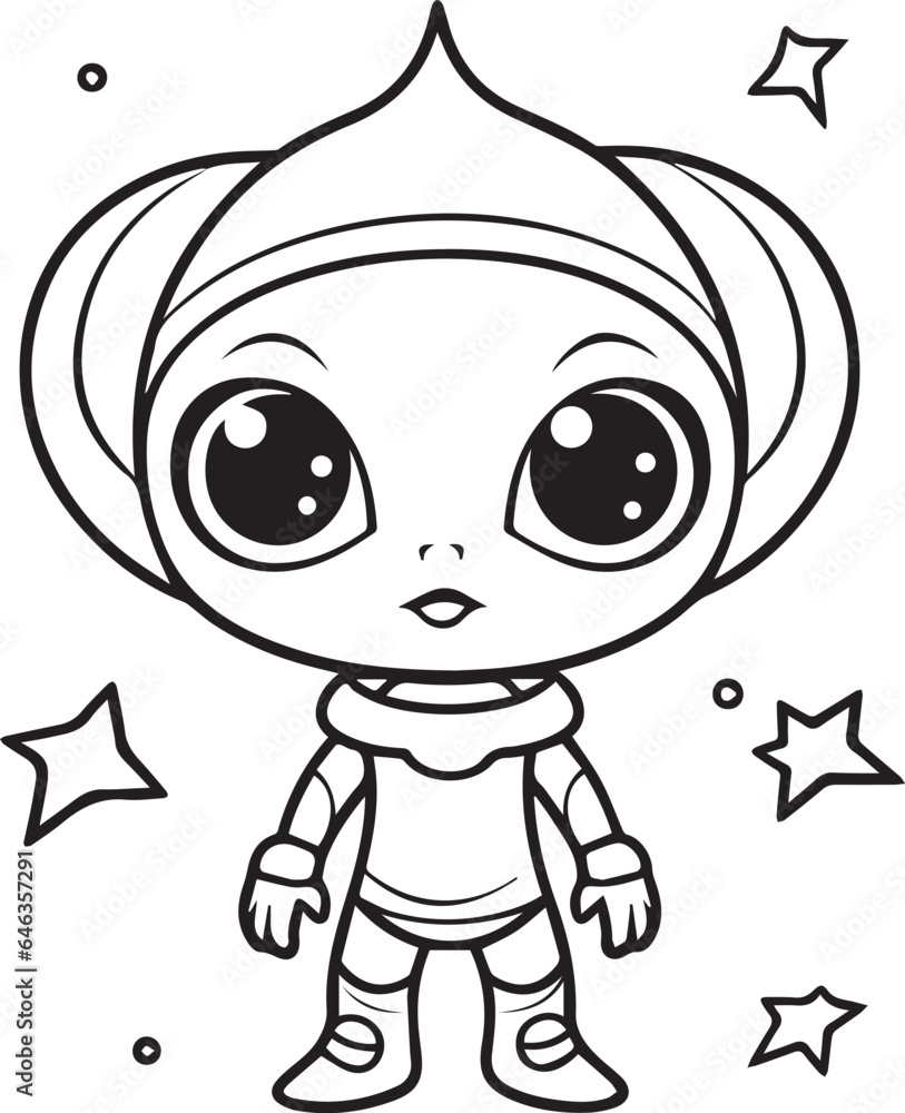 Colouring page for kids toddler and toddlers, minimal cute alien illustration one thick single outline drawing artwork
