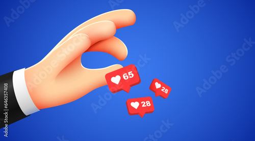 Cartoon hand hold flying like signs. Social media marketing, like notifications.