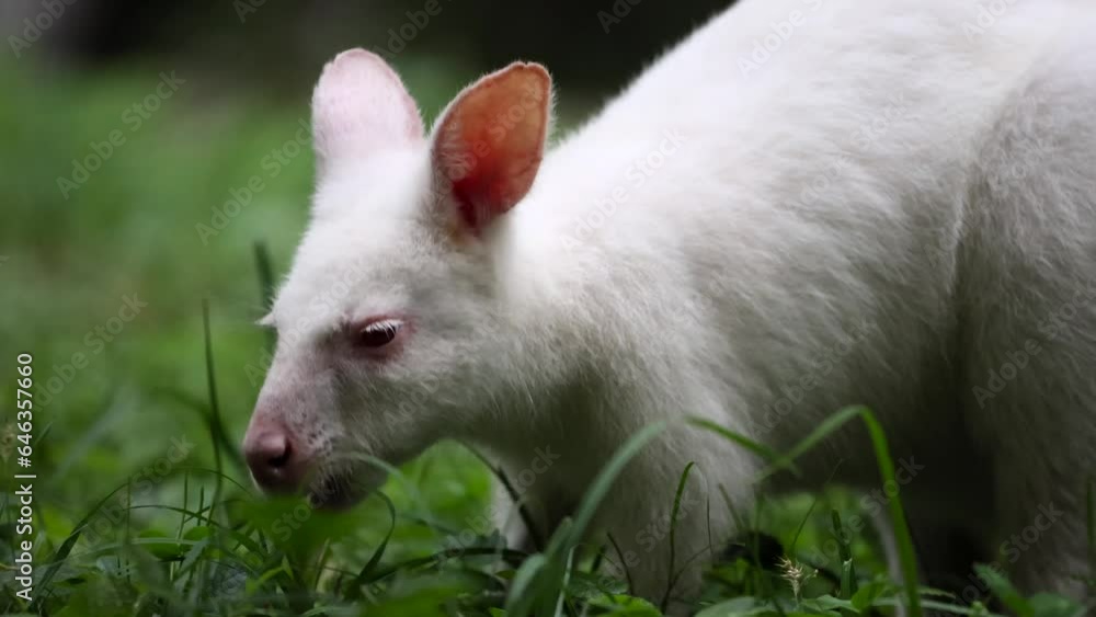 Close-up view to Australian red-necked albino wallaby eating green grass om meadow. Close-up view to Australian red-necked albino wallaby eating green grass om meadow.