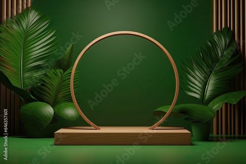 A wooden stage for product podium in a jungle
