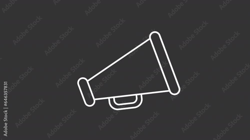 Horn white animated icon. Cheerleading line animation. School pride. Crowd cheering. Mega phone. Team spirit. Isolated illustration on dark background. Transition alpha video. Motion graphic Horn white animated icon. Cheerleading line animation. School pride. Crowd cheering. Mega phone. Team spirit. Isolated illustration on dark background. Transition alpha video. Motion graphic