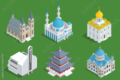 Isometric Orthodox church, Synagogue Mosque, Buddhist temple or Buddhist monastery, Christian Protestant Church, Church Building in Islam and Catholic church buildings