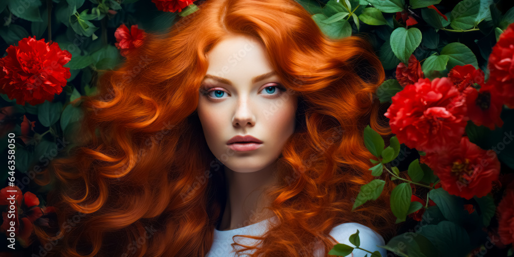 redhaired girl with gorgeous voluminous long dense hair on flowers background. hair dye, hairstyle redhaired girl with gorgeous voluminous long dense hair on flowers background. hair dye, hairstyle