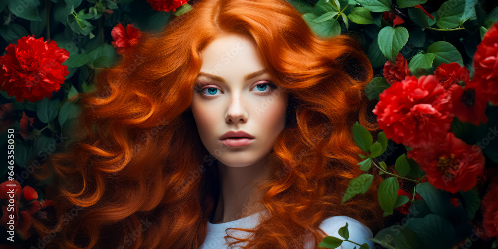 redhaired girl with gorgeous voluminous long dense hair on flowers background. hair dye, hairstyle